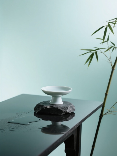 新中式美学，轻微俯视的特写的产品展示空场景图。居中突出中心白瓷高脚托盘的特写镜头，置于黑色粗粝石材底座，台面有水渍反光，右侧入镜自然舒展的竹枝，背景是渐变青绿色墙面，背景浅绿弥散柔和渐变预览效果