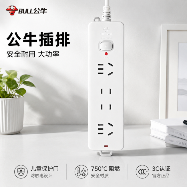 [主图-1] 公牛插排首图，简约灰白家居场景展示。[氛围风格]简约灰白风格，干净通透实用感。[画质]商业摄影质感、光线柔和通透、产品清晰真实、画面干净高级。[元素]公牛插排居中放置在整洁浅灰色桌面，左预览效果