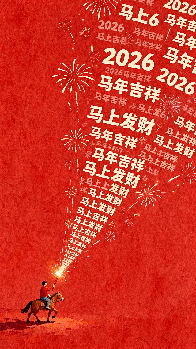 主体：左下角一个微缩的人骑着马，手拿着点燃的礼花，礼花喷出的烟花自上而下落下米白色的2026、马年吉祥、马上发财小字重复出现，成烟火状，几乎铺满整个画面。
装饰元素：其余部分留白
色调：新年色调
背景：红色肯特纸
风格：手绘风格