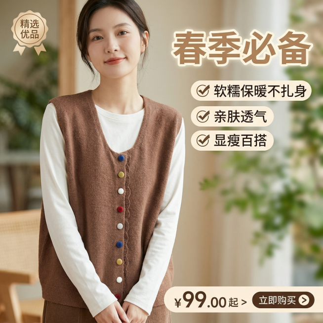 生成抖音商品主图，模特穿着棕色无袖针织马甲开衫，内搭白色长袖上衣，突出软糯保暖不扎身，春季必备、亲肤透气、显瘦百搭的特点，严格按照参考图的款式生成，保持设计细节一致预览效果