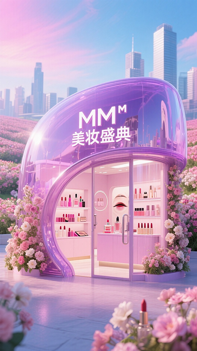 梦幻感与未来感交融的3D虚拟美妆空间，玻璃风透明穹顶搭配霓虹灯效，轻拟物设计中绽放粉色花海，科技感十足的“MM美妆盛典”展亭，甜美元素与都市天际线共舞。