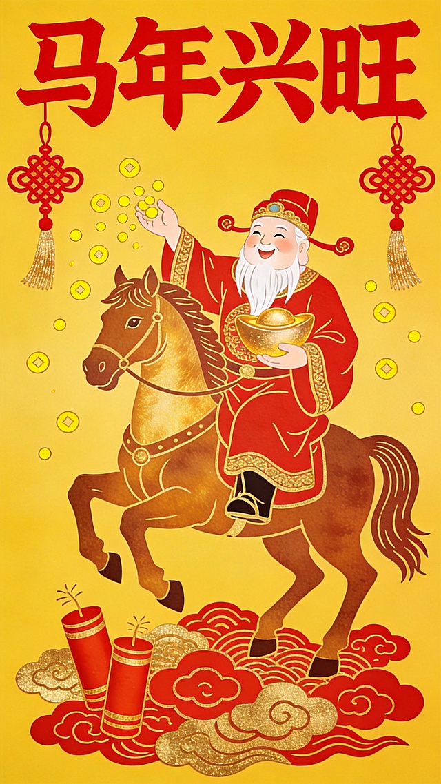 喜庆中式插画风，融合国潮与剪纸元素，鎏金大字“马年兴旺”点题，财神骑马撒金，祥云鞭炮点缀。