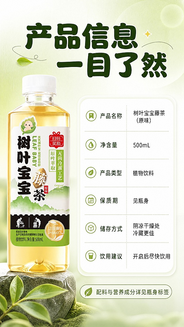 [商品] 使用【图1】树叶宝宝藤茶饮料瓶；保留瓶身全部标签文字、规格、Logo；产品侧立在画面左侧，占画面约35%。
[画面] 第7张·规格参数信息页。左侧产品瓶侧立展示，右侧为规格信息区域；背景为浅绿到白色的干净渐变，带细微纹理；信息区用白色圆角卡片承载参数表格，清晰规整；≥3层信息层级：标题层、参数表格层、产品图层。
[视觉] 套系策略：风格=拼多多接地气清新商业摄影风；标题字=粗黑圆润大字报体；正文字=简洁黑体；主色=清新草木绿+暖白色；背景延展=基于草木绿做深浅渐变、同色系卡片和柔和光斑；强调色=暖金黄，仅用于小面积标签、图标和高光点缀；标题色=深墨绿；正文色=深灰绿；组件=圆角白底信息卡、绿色胶囊标签、细线引线；光影=均匀柔光，产品与信息卡清晰。
[文字] 顶部大主标题"产品信息 一目了然"；右侧信息卡内容：「产品名称」树叶宝宝藤茶（原味）、「净含量」500mL、「产品类型」植物饮料、「保质期」见瓶身、「储存方式」阴凉干燥处 冷藏更佳、「饮用建议」开启后尽快饮用；底部小字"配料与营养成分详见瓶身标签"；文字全部横向排版，表格清晰，手机端可读。
[规格] 图片比例9:16竖版，4K，负向提示：避免文字过小、参数虚构、医疗功效承诺、竖排文字、二维码、平台Logo。