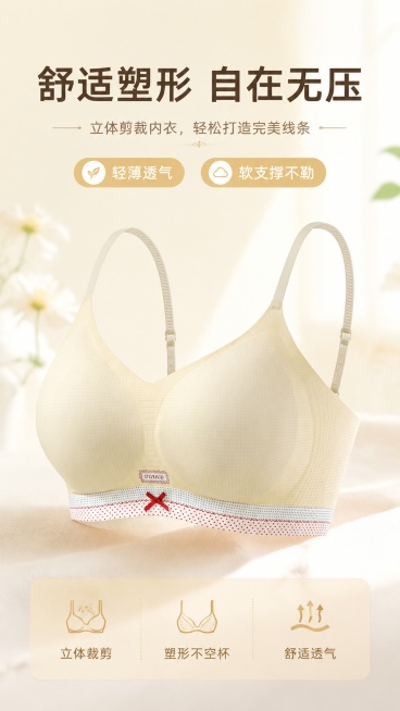 基于原内衣商品图，修改排版，更换新背景，更换文案。100%还原原图产品外形、包装、LOGO、印刷文字，保持产品外形和细节不变，重新设计排版和背景。主标题为"舒适塑形 自在无压"，副标题为"立体剪裁内衣预览效果