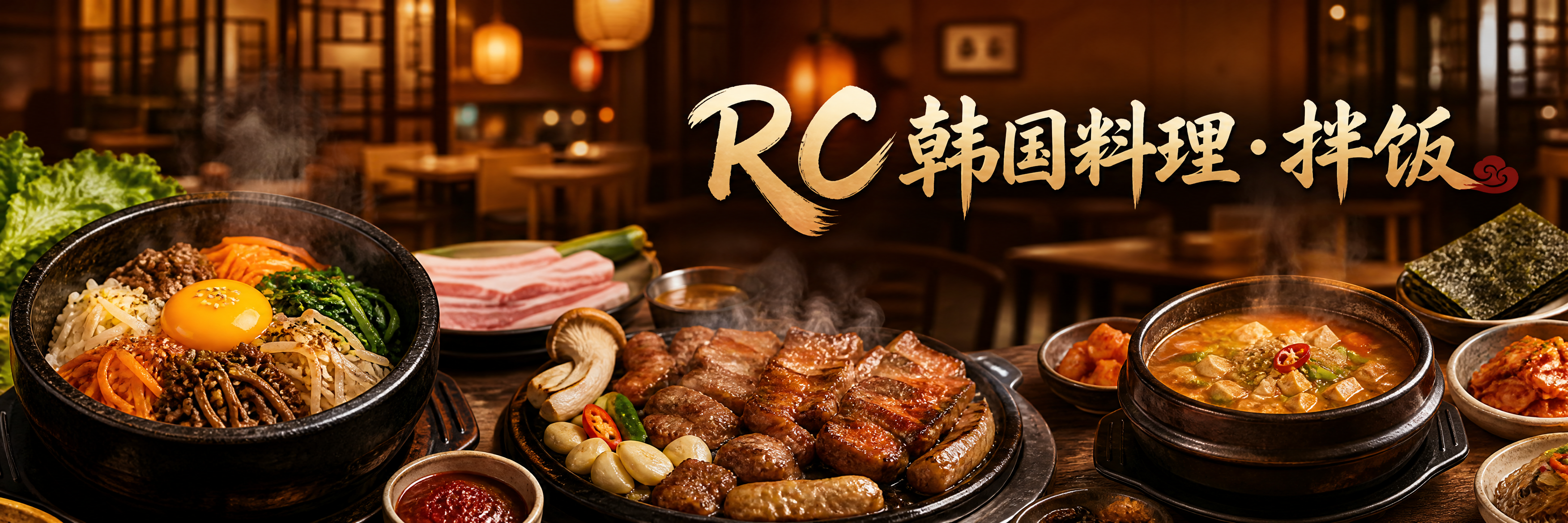 写实商业摄影风格，韩国料理超宽横幅海报设计。画面从左到右依次展… - 图片创意预览