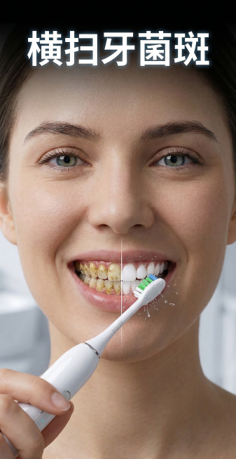 主题是:横扫牙菌斑,模特正面面对镜头露齿笑使用该牙刷，一边的牙齿有牙菌斑，另一侧牙齿干净整齐预览效果