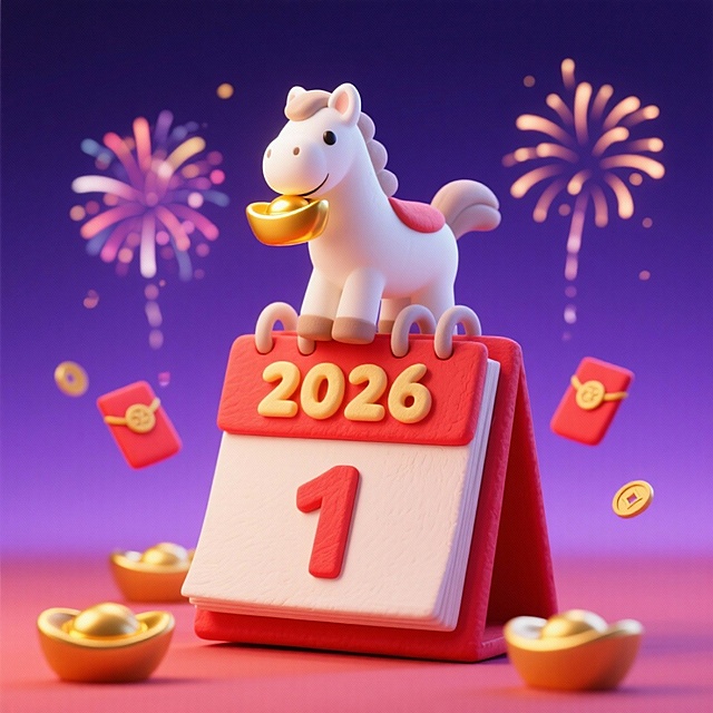 画面中心是带 “2026”字样在上方，“1”在下方，的红色台历，台历上方坐着持金元宝的白色小马，背景为深紫渐变夜空，（点缀烟花），周围环绕金元宝、小红包、装饰