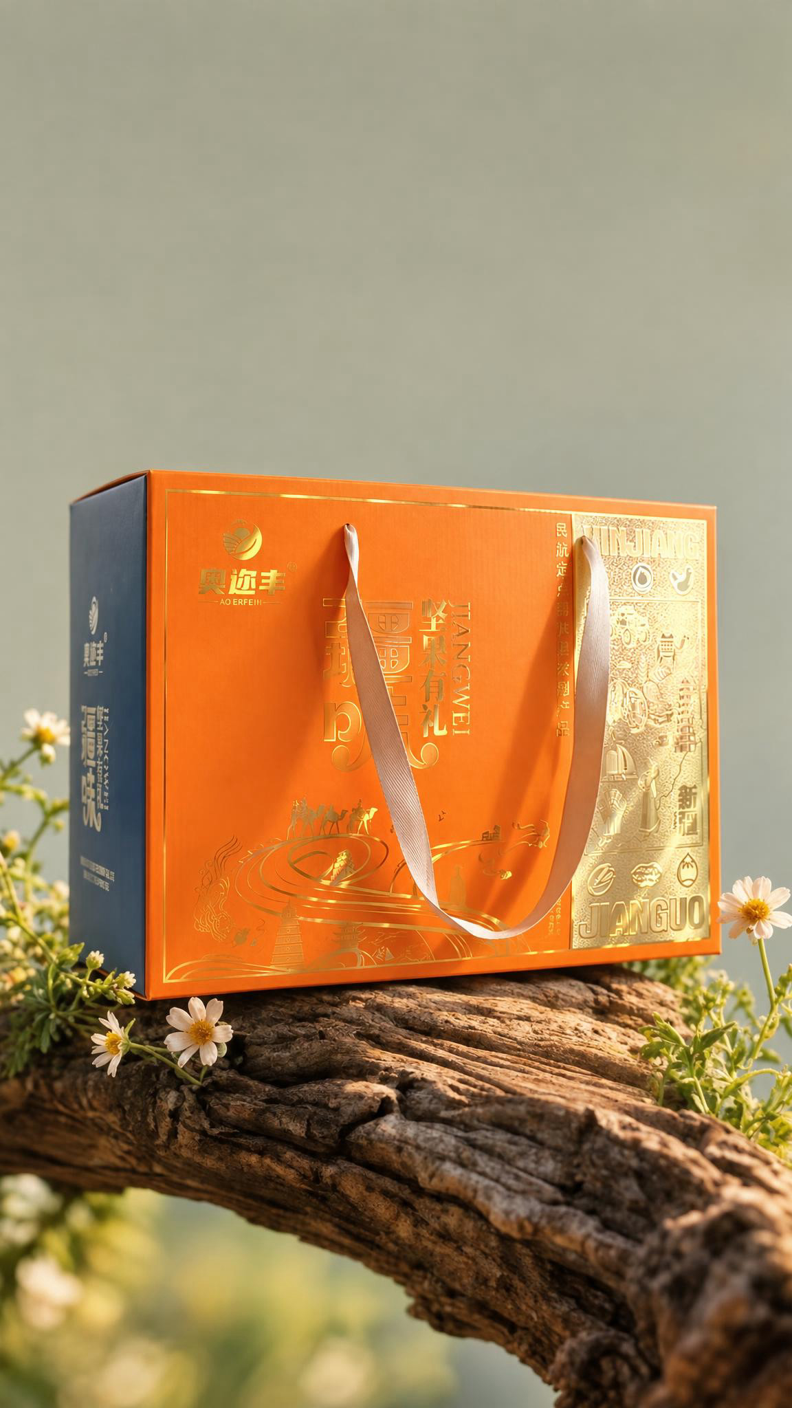 将第一张图中的奥迩丰橙色坚果礼盒包装放入第二张图的枯木树枝场景… - 图片创意预览