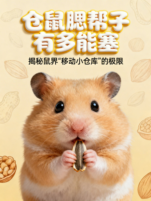 一只腮帮子塞得鼓鼓囊囊、眼睛圆溜溜的可爱金丝熊仓鼠，嘴边还露出一截瓜子皮，暖调奶油色（#FFF9F0）背景，四周分布着淡色的手绘坚果插画，半透明度处理，画面上方有奶酪黄圆体标题“仓鼠腮帮子有多能塞”，预览效果