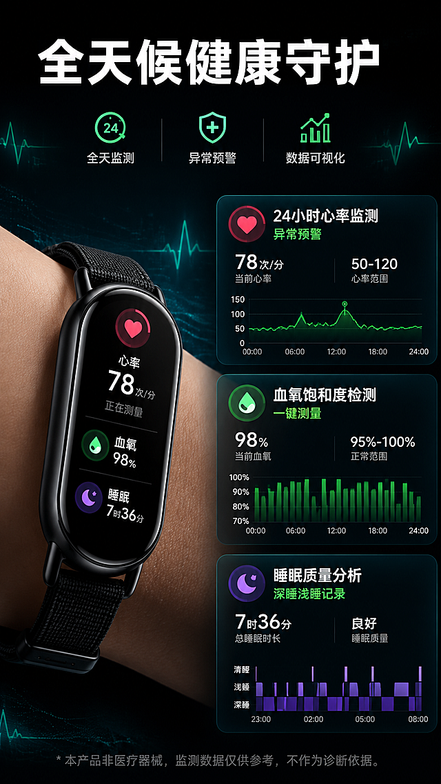 [商品] 使用【图1】小米手环10黑色编织表带款；保留椭圆形表盘、金属中框、黑色编织表带结构与颜色；屏幕显示健康监测界面，不改变产品本体结构。
[画面] 目标：健康监测功能实测展示，心率/血氧/睡眠三大核心功能。构图：三栏卡片式布局，每栏对应一项健康监测功能。手环佩戴在手腕上的特写位于左侧，屏幕显示健康数据界面。右侧三张数据卡片，每张配实时数据波形图和说明。背景为深色科技感，带微弱心跳线和数据波动光效。
[视觉] 套系策略：风格=深色科技商业摄影风；标题字=现代无衬线粗黑体；正文字=简洁无衬线体；主色=深空黑；背景延展=基于深空黑做蓝绿渐变光晕、数据波形光效、细腻磨砂质感；强调色=健康绿，仅用于数据波形、图标和健康标签；标题色=纯白；正文色=浅灰蓝；组件=圆角半透明数据卡片、波形图、细线引线；光影=左前侧柔光，屏幕自发光，数据卡片微发光。
[文字] 顶部主标题「全天候健康守护」，三个功能卡片：「24小时心率监测 异常预警」「血氧饱和度检测 一键测量」「睡眠质量分析 深睡浅睡记录」，每张卡片配数据数值和波形示意，文字横排清晰可读。
[规格] 图片比例9:16竖版，4K分辨率，避免变形、错字、文字过小、医疗功效承诺、虚构检测数据。