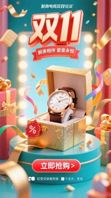 充满活力的双11销售海报构图。一枚优雅的手表放在打开的奢华礼盒中，周围是漂浮的彩带和金色丝带。电商风格，明亮欢快的灯光。“双11”Logo巨大且具有庆典感，位于顶部。主标题“腕表相伴 爱意永恒”采用粗预览效果