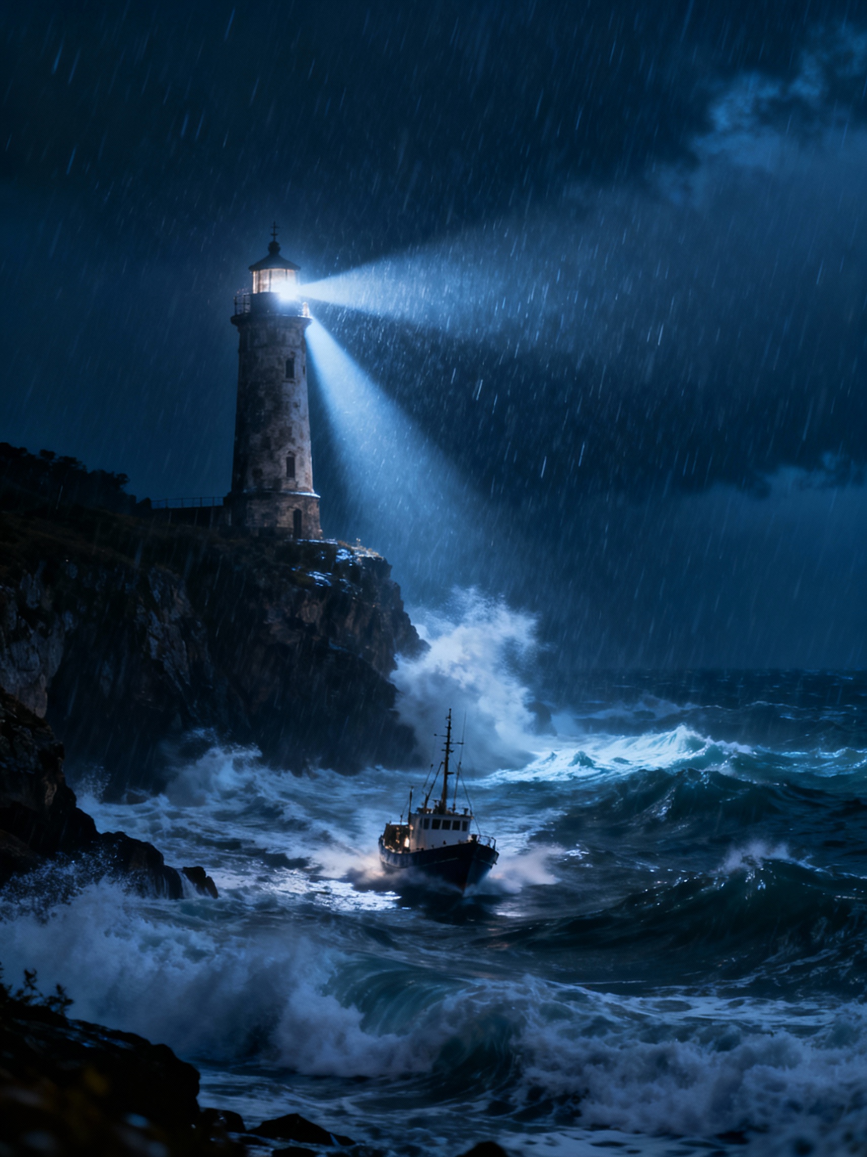 灯塔在暴风雨中指引航船 - 图片创意预览
