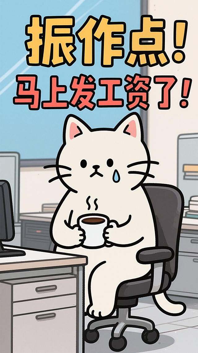 卡通风格，拟人化猫咪办公场景，可爱感十足，激励人心的设计手法。
