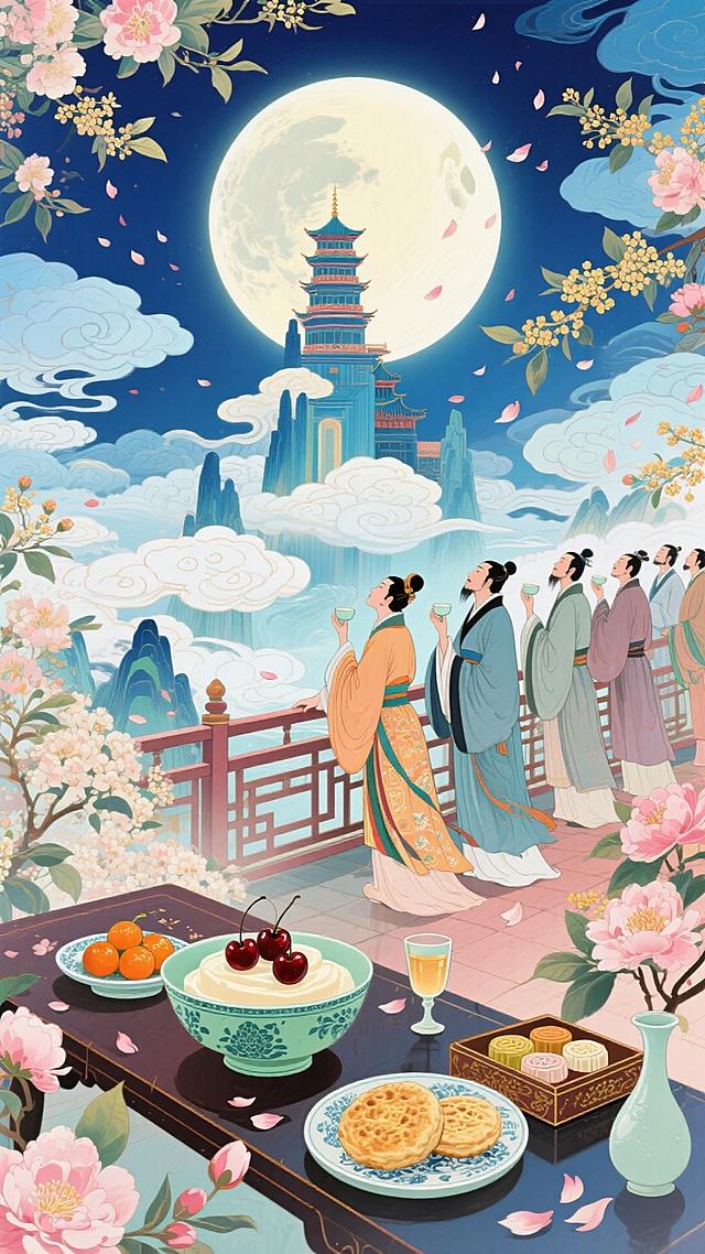 一轮硕大的圆月占据画面近半篇幅，清辉如练，温柔洒落在巍峨的高楼之上。一群身着唐代宽袍长衫的诗人，或凭栏远眺，或执盏而立，皆抬首望向那轮明月，眉宇间带着诗兴与悠然。

高楼的栏杆旁、案几上，错落摆放着各式古雅食馔：瓷碟中盛着酥软的酪樱桃、晶莹的糖蒸酥酪，青瓷碗里卧着蜜饯金橘与桂花糕，还有雕花食盒敞开着，露出层层叠叠的胡麻饼与软香糕。几只精致的酒壶与酒杯置于其间，酒液在月光下泛着温润的光泽，似要与月色相融。

四周点缀着各色盛放的鲜花，粉白的海棠垂落在栏杆边，艳红的牡丹开得热烈，还有几枝细弱的桂花悄然立在案旁，隐有暗香浮动。偶有花瓣被微风轻拂，悠悠飘落，与诗人的衣袂、案上的美食相映，整体画面带着雅致的氛围感，既有文人赏月的闲情，又不失生活的温润气息，月光的清透与花、食的色彩交织，层次分明又充满诗意。