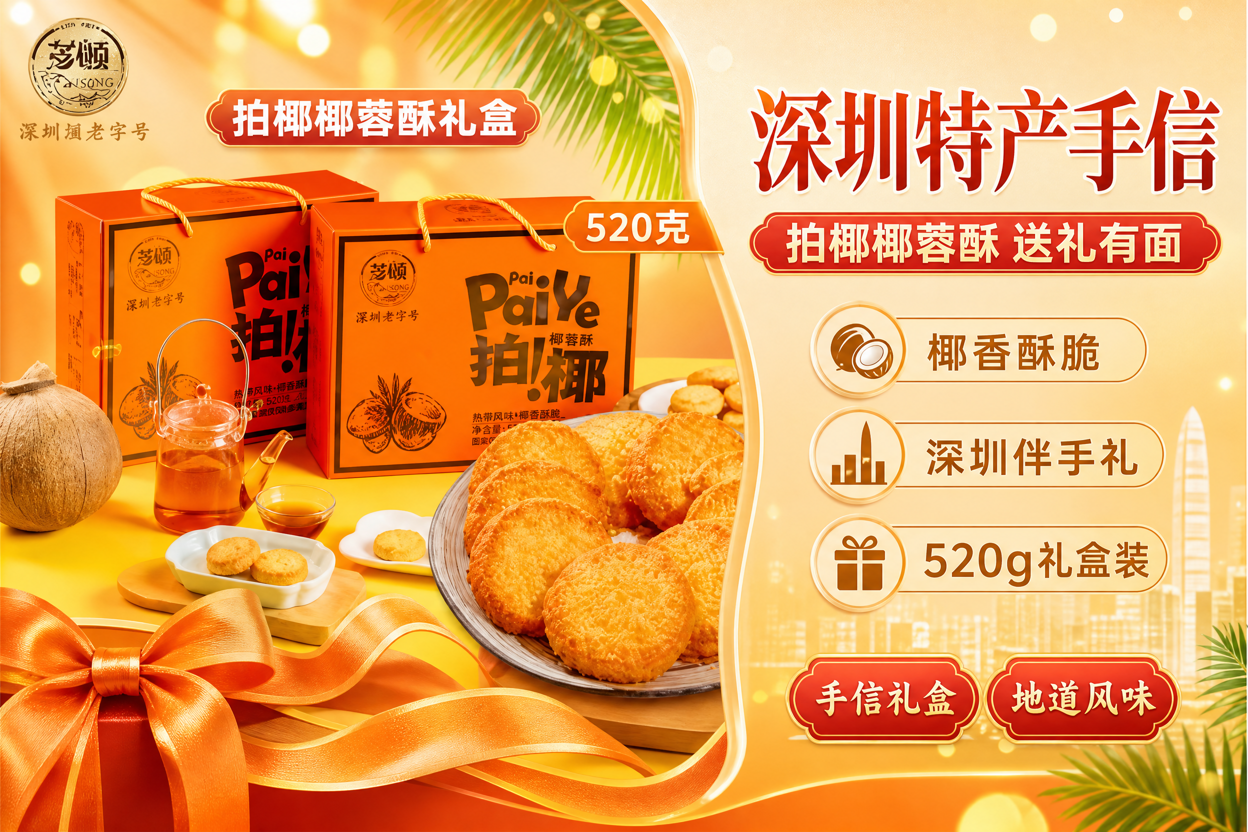 深圳特产手信banner，横版构图，暖橙黄色系，喜庆手信风，热… - 图片创意预览