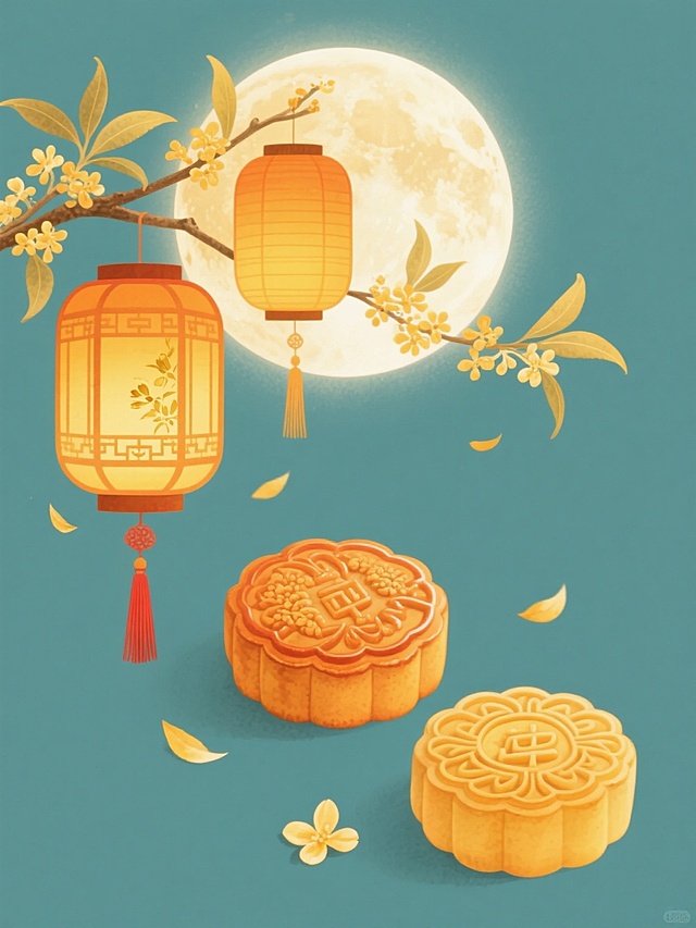 一套6张的系列素材集合，每张均为简约现代风格的单一元素图案规整排布，纯色背景，无任何文字。第一张：金黄渐变的桂花枝桠从左上角延伸，枝头悬挂两个橙黄色宫灯，灯笼表面有细腻的窗格纹理和淡雅的金色花纹，灯笼下方垂着红色流苏，几片飘落的桂花叶点缀其间，整体色调温暖明快，光影柔和，呈现出轻盈通透的水彩质感，营造出中秋佳节温馨雅致的氛围。第二张：以中秋月饼为主体元素，月饼表面印有精致的桂花暗纹，周围环绕着几片金黄的桂花花瓣，采用与第一张一致的温暖橙黄色调，简约的造型和纯色背景，保持相同的水彩质感和光影效果。第三张：画面中央是一轮饱满的中秋圆月，圆月边缘带有柔和的光晕，月旁点缀着几枝桂花枝条，金黄的桂花清晰可见，整体构图简约，色调温暖，延续前两张的水彩风格和光影处理。第四张：宫灯与圆月结合，橙黄色宫灯悬挂在画面左侧，右侧是一轮皎洁的圆月，宫灯流苏与飘落的桂花叶相呼应，保持整体的简约现代风格和统一的色彩质感。第五张：桂花与月饼搭配，金黄的桂花簇围绕着一块印有桂花图案的月饼，采用相同的纯色背景和温暖色调，延续系列的水彩艺术风格和光影效果。第六张：宫灯、圆月、桂花、月饼四大中秋元素以简约的几何排布方式组合在同一画面中，保持整体造型的简洁和风格的统一性，温暖的橙黄色调，柔和的光影，轻盈通透的水彩质感，营造出和谐一致的中秋节日氛围。