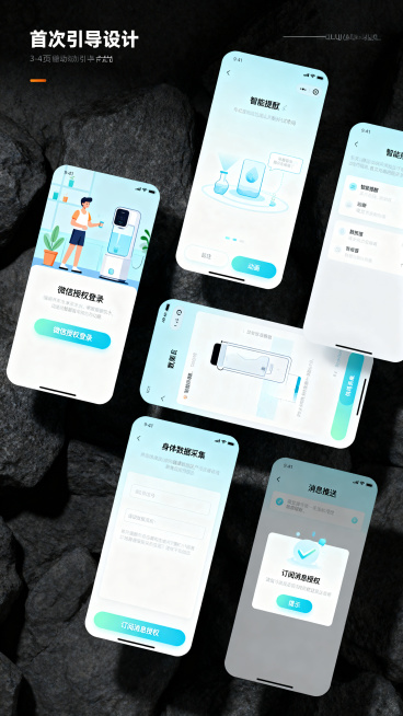 健康饮水提醒小程序，启动与授权模块页面设计，包含3-4页滑动首次引导卡片，展示健康饮水、智能提醒核心价值，页面有微信授权登录按钮、身体数据采集表单、订阅消息授权提示，整体风格清新简约，主色调为浅蓝色和预览效果