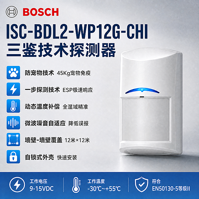 将左上角的Logo替换为博世（Bosch）官方标准彩色Logo，使用博世经典的红灰配色或蓝白配色的标准品牌Logo，放置在左上角安全区，Logo清晰可辨识且不变形。其余画面内容、产品外观、文字排版、背景风格全部保持不变，产品外观严格保持原图不变。