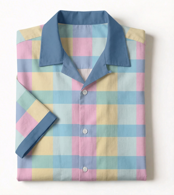 将这件格纹衬衫修改为和参考图1一样的折叠平铺展示效果，保持原有的格纹图案和配色不变预览效果