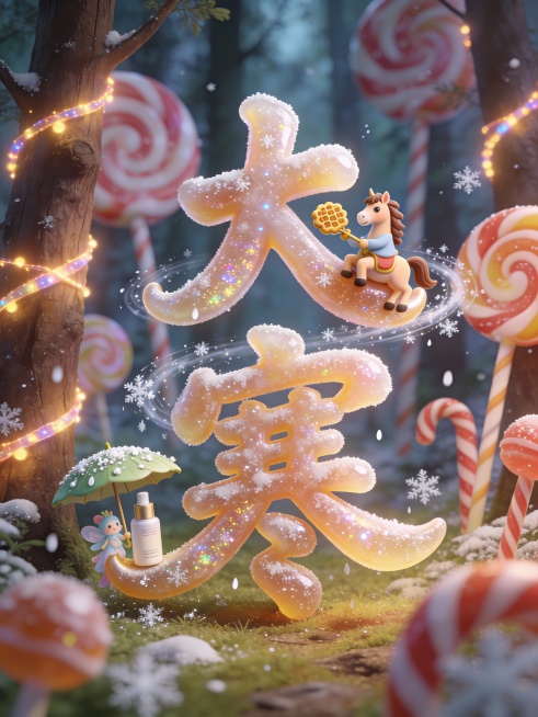 以草书“大寒”为核心，3D立体字像被施了魔法的软糖，笔画会随着风轻轻晃动，表面裹着一层闪光的糖霜。马坐在字的弯钩处，给路过的雪花精灵分发蜂蜜饼干；马旁边还有一个护肤品，马撑着荷叶形状的小伞，伞上落满了预览效果