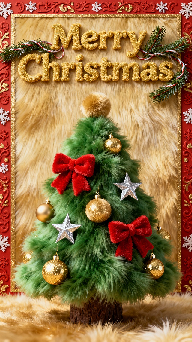 主体是迷你圣诞树特写，翠绿枝叶间缀满金色小球、红色蝴蝶结，树顶立银色星星。画面顶部金色的手绘英文字体书写着 “Merry Christmas” 标题，配缠绕的松枝装饰线，边框是带雪花浮雕的红金欧式纹，背景为浅金渐变。