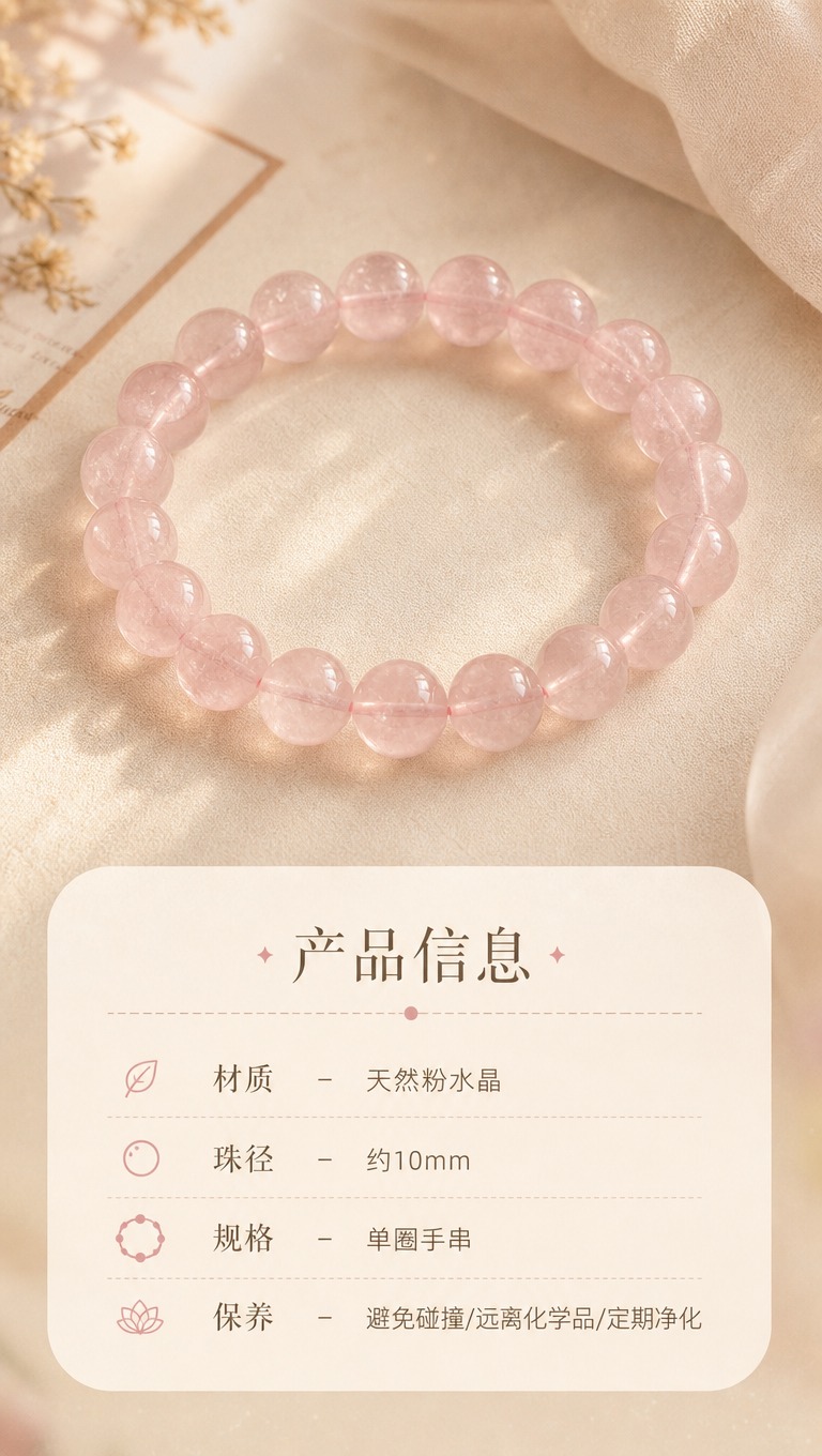 [商品] 天然粉水晶手串，10mm珠径，粉色通透水晶圆珠串成单… - 图片创意预览