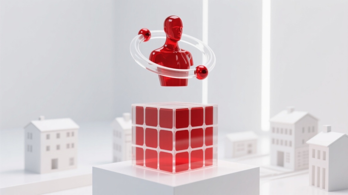 3D玻璃：红+白色方形展台上摆放着一个红+白色的亚克力材质的大魔方，大魔方的正上方悬浮着红色玻璃半身人，环绕着透明的白色玻璃圆环，点缀着2颗红色玻璃珠，白色光线下的白色背景，还有错落有致的白色小楼预览效果