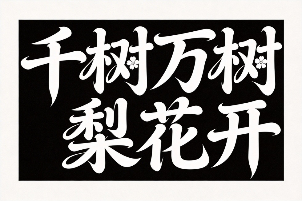 字体设计，横向单排文字"千树万树梨花开"，白字，纯黑色背景，夸张风格，行楷变形，笔画边缘轻盈，夸张的笔画张力和连笔处理，字体之间有连笔连接，极具艺术感，笔画粗细变化大，每个笔画都带俏皮弧度，用花瓣形代预览效果