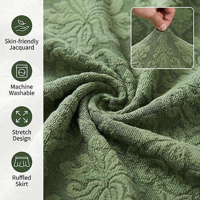 [Main Image 3] Material detail close-up display for jacquard sofa cover fabric.
[Atmosphere Style] Clear, high-detail, professional product detail display.
[Quality] Macro commercial photography, extremely clear texture details, realistic material performance.
[Elements] Extremely close-up shot of the green jacquard fabric of the sofa cover, show the three-dimensional jacquard texture, clear weaving structure, soft fabric feel. Small picture-in-picture in upper right corner: hand kneading the fabric to show elasticity. Keep the original fabric pattern and color completely consistent with input image, no distortion. All core selling points listed on left side with small green icons: "Skin-friendly Jacquard", "Machine Washable", "Stretch Design", "Ruffled Skirt". Text does not cover the main fabric area. Conforms to Amazon specification, no extra marketing words.
[Lighting] Soft even studio lighting, highlight the three-dimensional texture of jacquard, clear layers, no glare.
[Color Matching] Main color green of fabric, text icons use matching dark green, clean background.
[Perspective Composition] Fabric fills 80% of the frame, macro focus on jacquard detail, picture-in-picture placed in corner reasonably.
[Text Layout] Left vertical arrangement, icon + text, simple clean font, strong contrast, easy to read.
[Proportion Resolution] 1:1 ratio, 2048px resolution, ultra HD.
[Negative Prompt] Deformed, blurry texture, watermark, text clutter, extra decorations, distorted perspective