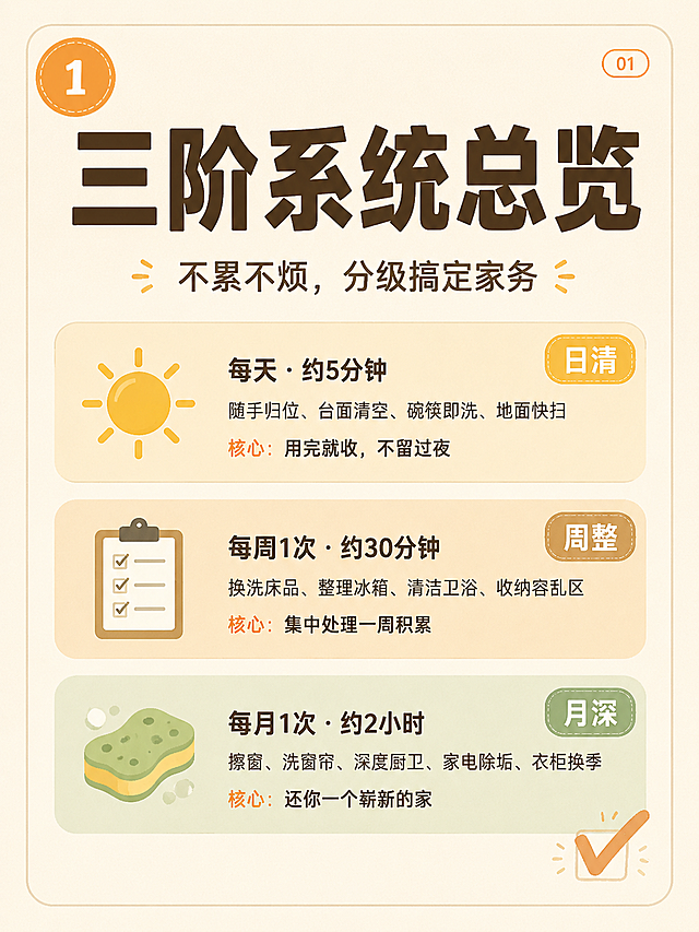 小红书笔记封面，插图大字，日系muji暖色系ins清新风格，版式精美，小红书笔记封面质感，适合信息流点击。主标题必须完整呈现且为画面视觉中心，逐字锁定：「三阶系统总览」。主标题字号占画面约45%视觉权重，清晰可读，不得增删改字。副标题：「不累不烦，分级搞定家务」。装饰短句/角标：「01」。背景：奶油米白暖色系纯色底，带极淡肌理，干净简洁。标题排版：扁平粗黑体，深棕主标题字，采用插图大字L01策略。插画：画面中部三个横向圆角卡片纵向排列，分别配太阳、清单、海绵极简扁平小图标；第一张卡片写「每天·约5分钟 随手归位、台面清空、碗筷即洗、地面快扫 核心：用完就收，不留过夜」标注「日清」；第二张写「每周1次·约30分钟 换洗床品、整理冰箱、清洁卫浴、收纳容乱区 核心：集中处理一周积累」标注「周整」；第三张写「每月1次·约2小时 擦窗、洗窗帘、深度厨卫、家电除垢、衣柜换季 核心：还你一个崭新的家」标注「月深」；三张卡片分别用浅米、浅卡其、浅薄荷绿暖调配色。装饰：左上角1个圆形数字「1」暖橘色贴纸；右下角1个手绘小对勾；另加细圆角线框，位置克制。整体氛围：日系muji风、温暖治愈、干货清晰。画质：高清细腻，信息层级清晰，文字完整处于安全区内不可裁切，四周留安全边距。画面比例3:4，4K。