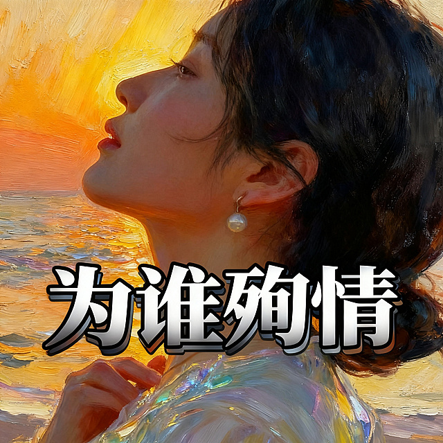 在画面封面添加艺术字体文字"为谁殉情"，字体为黑白渐变颜色，添加字体阴影效果，保持画面原本内容和厚涂风格不变