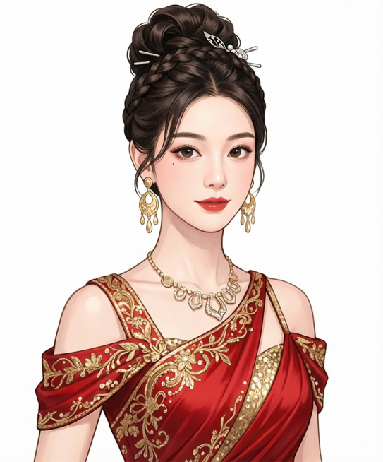 更换女生为另一张漂亮的脸，更换不同款式的高发型，服装更换不同的红金色现代礼服款式，时尚的，预览效果