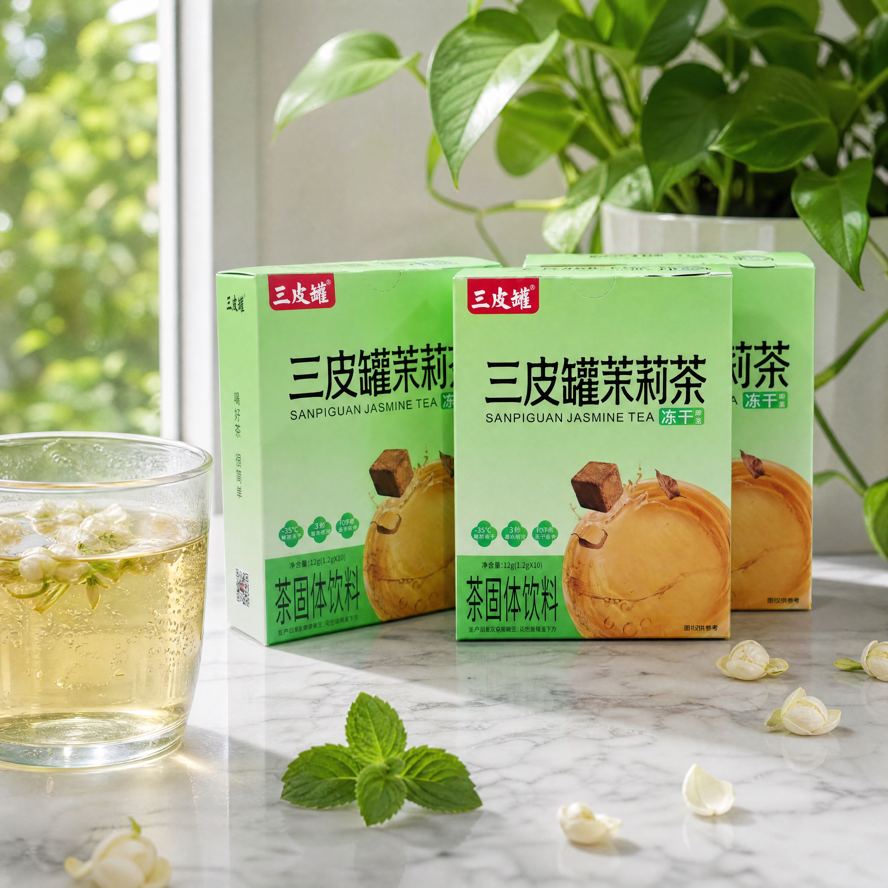 超写实食品摄影。 主体：三皮罐茉莉茶绿色包装盒严格参照上传产品… - 图片创意预览
