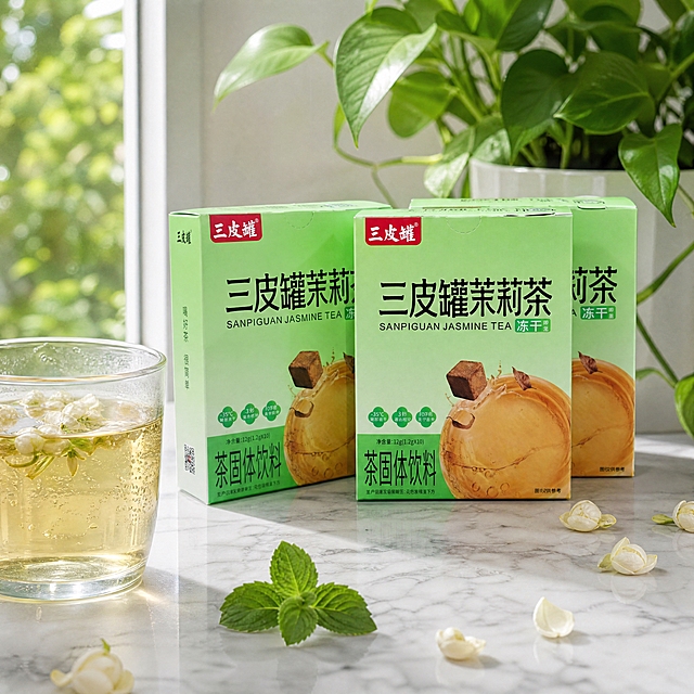 超写实食品摄影。
主体：三皮罐茉莉茶绿色包装盒严格参照上传产品图，完整保留所有可见组件、轮廓、结构、比例、材质、颜色与产品本体上的文字信息（logo/品名/规格/图案等），与上传图完全一致；自然融入场景光影，与场景共处同一物理空间。产品占画面约50%，完整不裁切，45度微俯拍构图，背景无其他同类食品包装。
场景氛围：清爽夏日，窗边绿植清新自然光。
构图：黄金分割，微俯45度。
风格：清新ins风。
承载与陪衬物：①产品放置在白色大理石纹台面上；②产品左侧，一只透明玻璃杯盛有浅黄绿色茉莉茶汤，杯壁有冷凝水珠，杯口漂浮几朵新鲜茉莉花；③产品后方，一盆清新绿植（绿萝），叶片翠绿有光泽；④台面上散落几片新鲜茉莉花瓣和一小枝薄荷叶。
配色/材质：嫩绿/纯白/浅黄/翠绿；纸质包装盒/大理石/玻璃/新鲜花叶。
光影：清晨自然光从左侧窗户透入，清透柔和，照亮包装盒正面和茶汤；窗外有模糊树影，整体冷调清爽，大理石台面有轻微反光，茶汤通透有波光。
参数：4K写实光追。严格锁定宽高比为1:1。