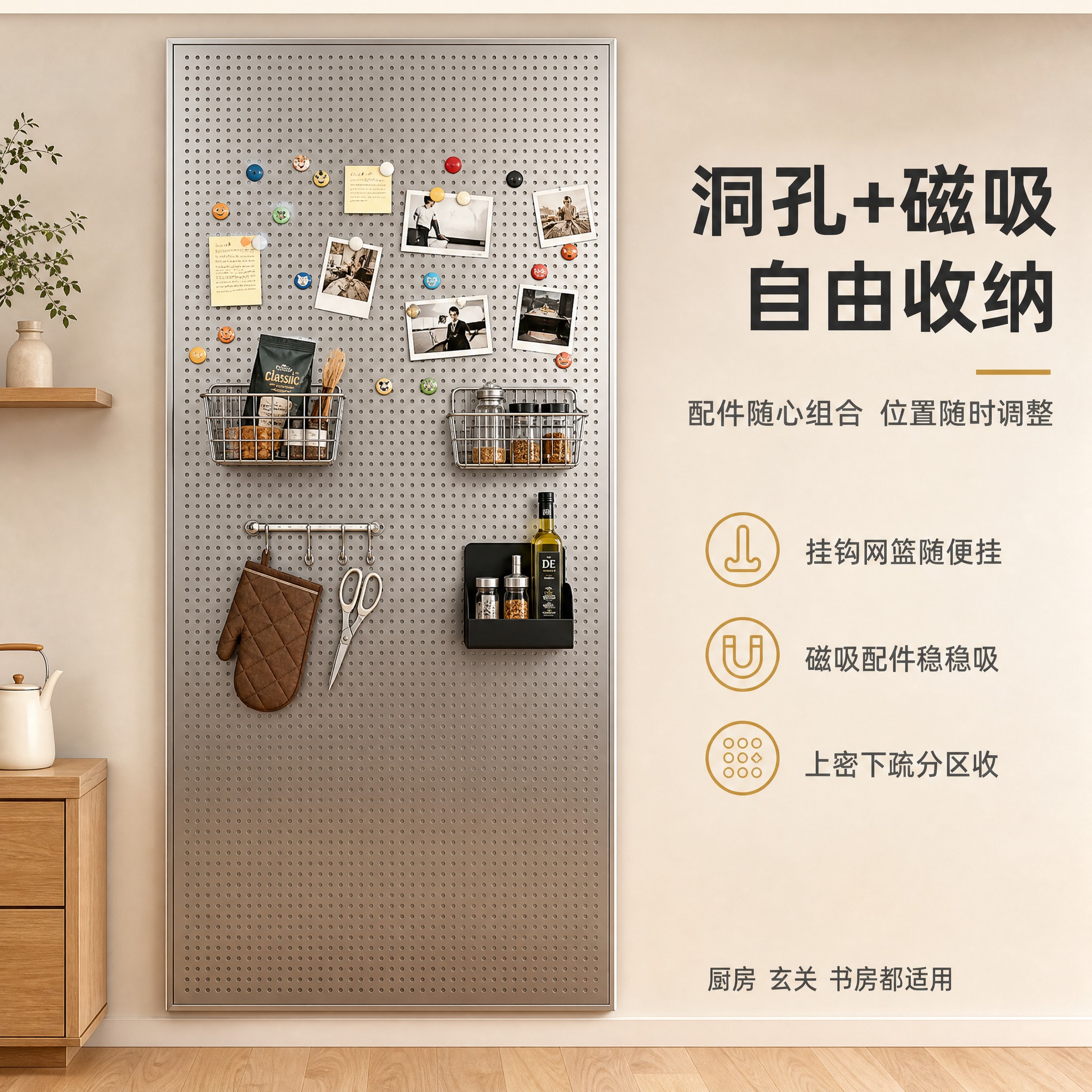 [主图-2] 洞孔+磁吸DIY收纳展示图，展示不锈钢洞洞板强大… - 图片创意预览