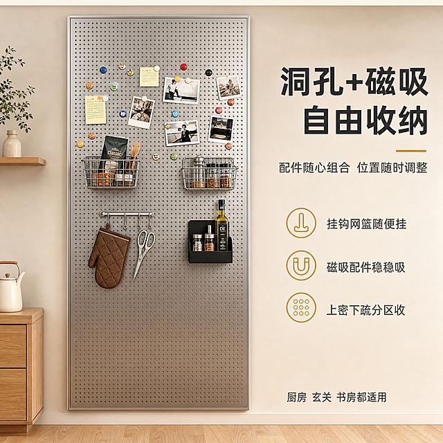 [主图-2] 洞孔+磁吸DIY收纳展示图，展示不锈钢洞洞板强大的配件自由组合收纳能力。
[统一基调] 现代极简奶油风，背景主色暖米灰与原木色，标题字色深炭灰，辅助字色中灰，强调色暖金，字体为现代无衬线粗体标题字+常规无衬线说明字，卡片圆角奶油白细边框，整体干净高级。
[画面] 产品严格参照上传参考图中的不锈钢洞洞板，完整保留哑光银灰板面、均匀圆形孔位、金属包边、磁吸照片、便利贴、金属丝网篮、挂钩、置物架等结构与装饰细节。产品竖向安装在画面中央，占画面约55%，正面视角。板面分层展示丰富收纳：上方照片与便利贴磁吸区，中间两个金属丝网篮对称放置放着小物件，下方挂钩挂隔热手套与剪刀，侧边磁吸小置物架放着调料瓶。所有配件呈有设计感的排布，展示洞孔与磁吸双重收纳自由组合。背景为暖米灰墙面，底部浅色木地板。
[光影质感] 商业摄影质感，主光从正前方柔和照射，不锈钢洞洞板有细腻哑光反光，配件有自然接触阴影，整体光线均匀明亮，暖调氛围。
[配色] 暖米灰背景，深炭灰标题字，暖金强调色，哑光银灰色洞洞板，原木色点缀；画面颜色：暖米灰 / 深炭灰 / 暖金 / 哑光银 / 原木色。
[文字版式] 右侧上方主标题大字粗体「洞孔+磁吸 自由收纳」，副标题小字「配件随心组合 位置随时调整」；右侧中部三行卖点「挂钩网篮随便挂 / 磁吸配件稳稳吸 / 上密下疏分区收」；底部一行小字「厨房 玄关 书房都适用」。文字均在右侧负空间，不遮挡产品主体。
[输出要求] 严格锁定宽高比1:1，2K分辨率，产品清晰锐利，孔位与配件清晰，文字清晰可读，无变形无错字。禁止出现平台Logo、水印、AI生成标识、违禁词、人手、手指、人物面部。