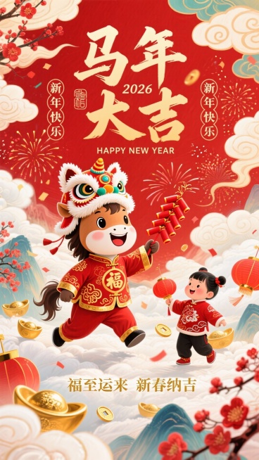 海报，以正红为底色，身着红金吉服的可爱拟人小马（头戴狮头帽，衣饰绣 “福” 纹），小马举串红鞭炮，咧嘴笑露憨态；旁伴持红灯笼的孩童（红衣绣祥云），点缀炸开的烟花、金元宝、红梅花、卷云纹等吉祥元素；上方预览效果
