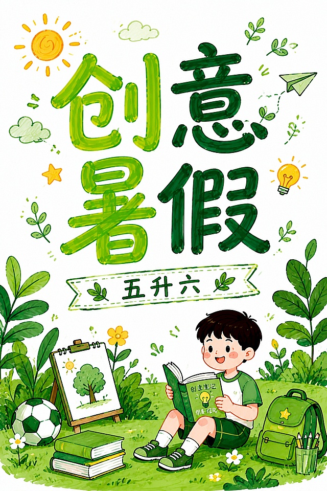 A4尺寸，马克笔手绘风格，白色底，创意暑假主题封面，主标题大字：创意暑假，副标题小字：五升六，参考图是马克笔手绘绿色系风格，保留手绘质感，版式精美，整体清新活力，文字清晰可读