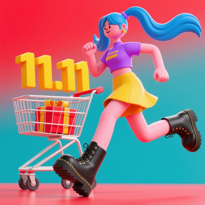 一个蓝色双马尾的酷女人推着购物车向前奔跑，（"11.11“黄色数字和一堆红色礼盒）一起放在购物车里，干净的红色背景预览效果