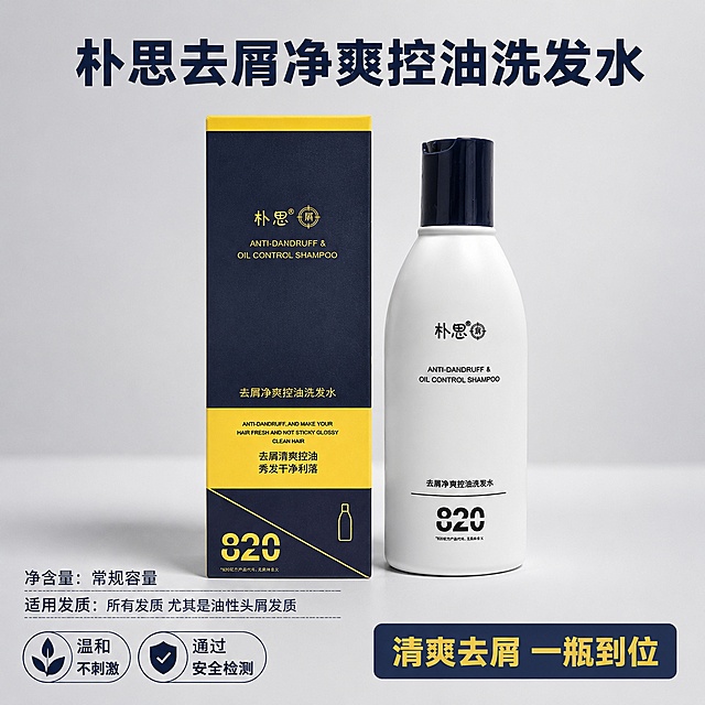 [主图-5] 朴思去屑净爽控油洗发水产品规格信任背书图。
[氛围风格] 专业权威，促进最终转化。
[画质] 商业摄影质感、光线柔和通透、产品清晰真实、画面干净高级。
[元素] 朴思洗发水产品和包装盒居中放置，保持外观文字颜色与原图完全一致，无变形色差。左下角展示安全认证徽章小样，右下角添加购买提醒文案。背景简洁浅灰色，突出产品和信息。商品主体占比约60%。
[光影] 均匀柔光，产品清晰立体，文字和徽章都清晰可见。
[配色] 浅灰背景，深蓝色文字，和产品配色保持统一，干净专业。
[视角构图] 产品居中平视构图，整体稳定均衡，信息分区清晰。
[文字版式] 顶部大字「朴思去屑净爽控油洗发水」深蓝色粗体，底部左对齐展示核心信息：
「净含量：常规容量」
「适用发质：所有发质 尤其是油性头屑发质」
左下角放两个小徽章「温和不刺激」「通过安全检测」，右下角加粗文案「清爽去屑 一瓶到位」黄色字深蓝色底，清晰突出，所有文字不遮挡产品主体。
[输出要求] 1:1比例，文字清晰锐利，超高清商业摄影质感。
[负向提示词] 变形，文字错乱，产品图模糊，背景杂乱，水印，电商平台Logo，文字遮挡主体