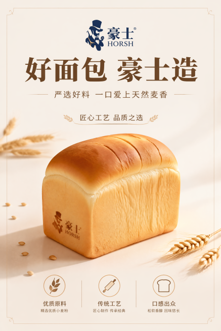 设计一款A3竖版豪士面包品牌招贴广告，风格极简高级，质感突出，品牌质感风格，整体版面分区清晰，四边保留足够安全边距。主标题文字"好面包 豪士造"，副标题文字"严选好料 一口爱上天然麦香"，装饰文字"匠预览效果