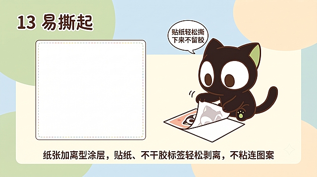 横版卡通科普绘本内页，《罗小黑战记》原版罗小黑形象，完全参考参考图里大眼纯黑小猫、浅绿内耳的原版平涂画风，线条干净简约可爱，低饱和度柔和马卡龙底色，无繁杂多余装饰；页面中间留出带细彩色边框的空白方形粘贴区域，空白区域用来手工粘贴真实印刷工艺样品；保留原有标题、对话气泡和科普文字，删除粘贴框内多余文字“粘贴真实印刷工艺样品”，页面左上角标题「13 易撕起」，中间空白粘贴框；罗小黑轻轻撕开卡通贴纸底纸，气泡：贴纸轻松撕下来不留胶；科普文字：纸张加离型涂层，贴纸、不干胶标签轻松剥离，不粘连图案，高清插画，无水印