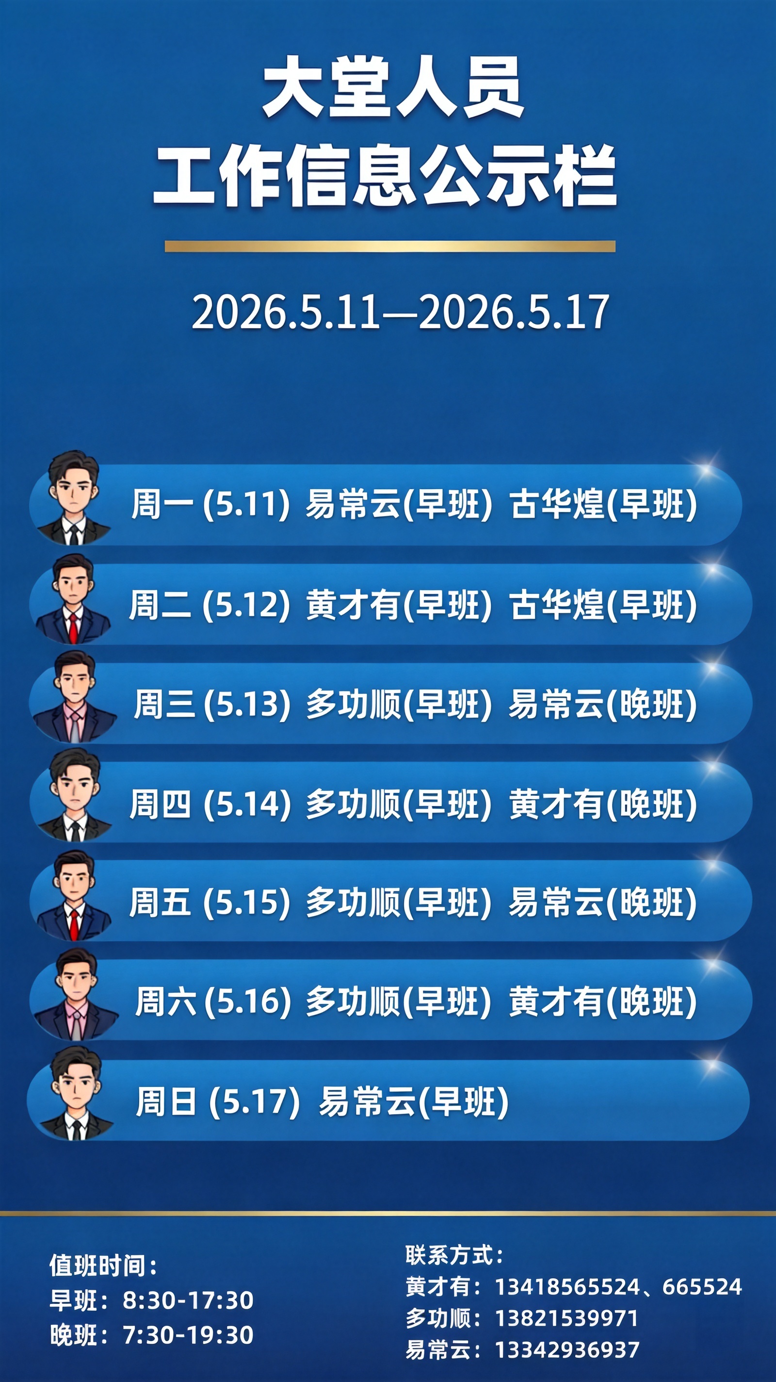 更改图片中的文字，保持蓝色商务风格的大堂人员工作信息公示栏设计… - 图片创意预览