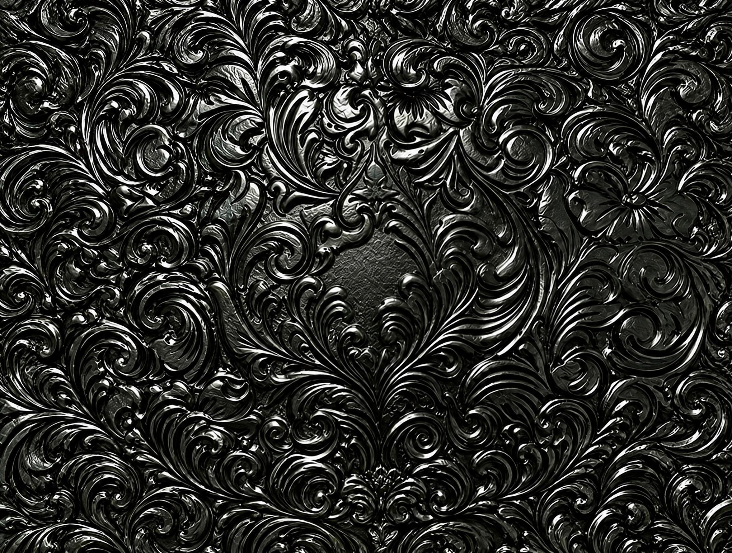 将图片中椭圆形黑色浮雕卷草花纹向四周扩展延伸，铺满整个画面，去… - 图片创意预览