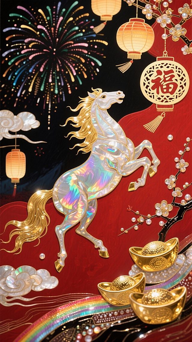 鎏金浮雕风骏马跃动，国潮插画融合烟花、灯笼与金元宝，喜庆奢华，梦幻中式年味尽显。