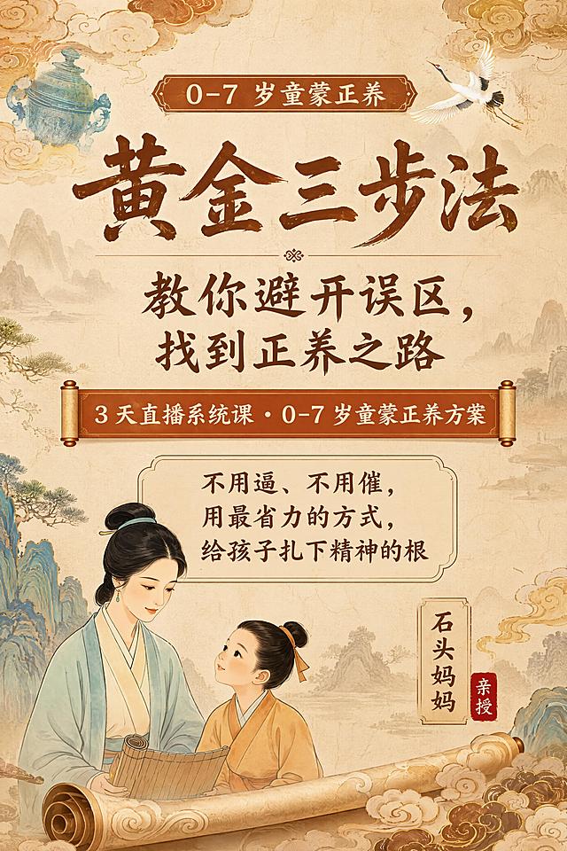 生成一套国风课程详情页，整体风格参考「图片1」「图片1」。要包含以下内容：一、主图页（首屏 Banner）
主标题：黄金三步法 —— 教你避开误区，找到正养之路
副标题：3 天直播系统课・0-7 岁童蒙正养方案
核心 slogan：不用逼、不用催，用最省力的方式，给孩子扎下精神的根
落款：石头妈妈 亲授
二、痛点页
【痛点共鸣】
你是不是也陷入了这样的育儿困境：
囤了一堆国学机、经典绘本、启蒙音频，孩子根本不买账
逼着孩子听经典、认字、背古文，越逼孩子越反感、越抗拒
跟风试了无数方法，越努力越心慌，不知道做的到底对不对
别人说什么好就塞给孩子什么，育儿像打仗，满身狼狈
【真相点破】
你深爱孩子，却用错了方式
90% 的经典喂养问题，从来不是孩子不配合
而是你踩中了「顺序错、方法错」的致命误区
真正的童蒙养正，不是填鸭灌输，不是速成攀比
是顺着孩子的成长节奏，走对三步，轻松扎根
【方案引出】
石头妈妈结合传统文化智慧与儿童发展规律
带来「黄金三步法」正养体系
帮你告别慌乱育儿，走对 0-7 岁精神喂养的每一步
三、金句页
真正的正养，从来不是父母 “教” 出来的，是孩子自己 “长” 出来的。
熏听的核心心法：只问耕耘，不问收获。
声音里的经典，比文字里的经典，先进入孩子的生命。
做父母，最大的美德是耐心。
四、讲师介绍
主讲人：石头妈妈
双硕士 / 高校教师
作家 / 资深童书创作者
童蒙正养理念践行者
曾任资深记者、编辑
深耕传统文化与儿童成长教育融合领域，出版诗集、小说集、儿童绘本多部作品。以自身育儿实践与专业学术背景为基础，拆解经典喂养的底层逻辑，打造可落地、不焦虑的家庭正养方法，帮助家长走出育儿慌乱。
五、课程内容
Day1 我们深爱孩子，却满脸狼狈 —— 当代父母的 “用力过猛”
拆解当代家长的焦虑根源：为什么越努力，心里越没底？
戳破速成思维陷阱：我们是如何把育儿变成 “打仗” 的
童蒙养正的本质：“养” 不是硬掰，是静待生长的智慧
核心认知：0-7 岁孩子靠 “吸收” 学习，而非 “理解”
Day2 三大喂养误区，你中了几个？
误区一：把 “熏听” 变 “填鸭”，用监督毁掉孩子的兴趣
误区二：跳过熏听急着认字，提前消耗孩子的学习热情
误区三：过早解释经典，用二手道理毁掉原生美感
误区本质：你的 “急”，正在打乱孩子的成长节奏
Day3 黄金三步法 —— 最省力的正养之路
第一步「熏听」：把经典当空气，0 岁启动的正确操作
第二步「认亲」：水到渠成认字，让文字和孩子 “做朋友”
第三步「理解」：不愤不启不悱不发，等孩子主动来问
落地心法：松弛育儿，相信声音与时间的力量
六、你的收获
学完这 3 天，你将获得：
认知升级：厘清童蒙养正的底层逻辑，告别盲目跟风焦虑
避坑指南：吃透经典喂养三大误区，避开 90% 家长踩过的坑
落地方法：掌握「熏听 - 认亲 - 理解」黄金三步法，直接照着做
心态转变：放下速成执念，学会松弛、省力的育儿节奏
育儿底气：清晰每个阶段该做什么，养孩子不再慌慌张张
七、适学人群
家有 0-7 岁孩子，想做经典启蒙却无从下手的家长
试过很多喂养方法，孩子不配合、越养越累的爸妈
囤了大量国学工具，却看不到效果、越养越慌的家长
认同童蒙养正理念，想给孩子打精神底色的家庭
备孕、孕期，想提前规划孩子早期精神喂养的准爸妈
八、课程包含
石头妈妈亲授 3 天直播正课，全程拆解正养逻辑与落地方法
专属高清录播回放，支持反复回看，随时巩固学习
一套完整可落地的「黄金三步法」正养体系，适配 0-7 岁全阶段
九、课程须知
如何上课：购买成功后自动开通课程权限，按课表参与直播，录播可随时回看
课程有效期：课程回放有效期 3 年，期间可不限次数反复学习
退款说明：课程为虚拟知识服务内容，一经订阅开通，不支持退款，请您谅解
十、底部报名栏
主按钮文案：立即报名
辅助文案：
解锁孩子的正养成长之路
3 节直播系统课
仅需 299 元
走对每一步，育儿不慌乱