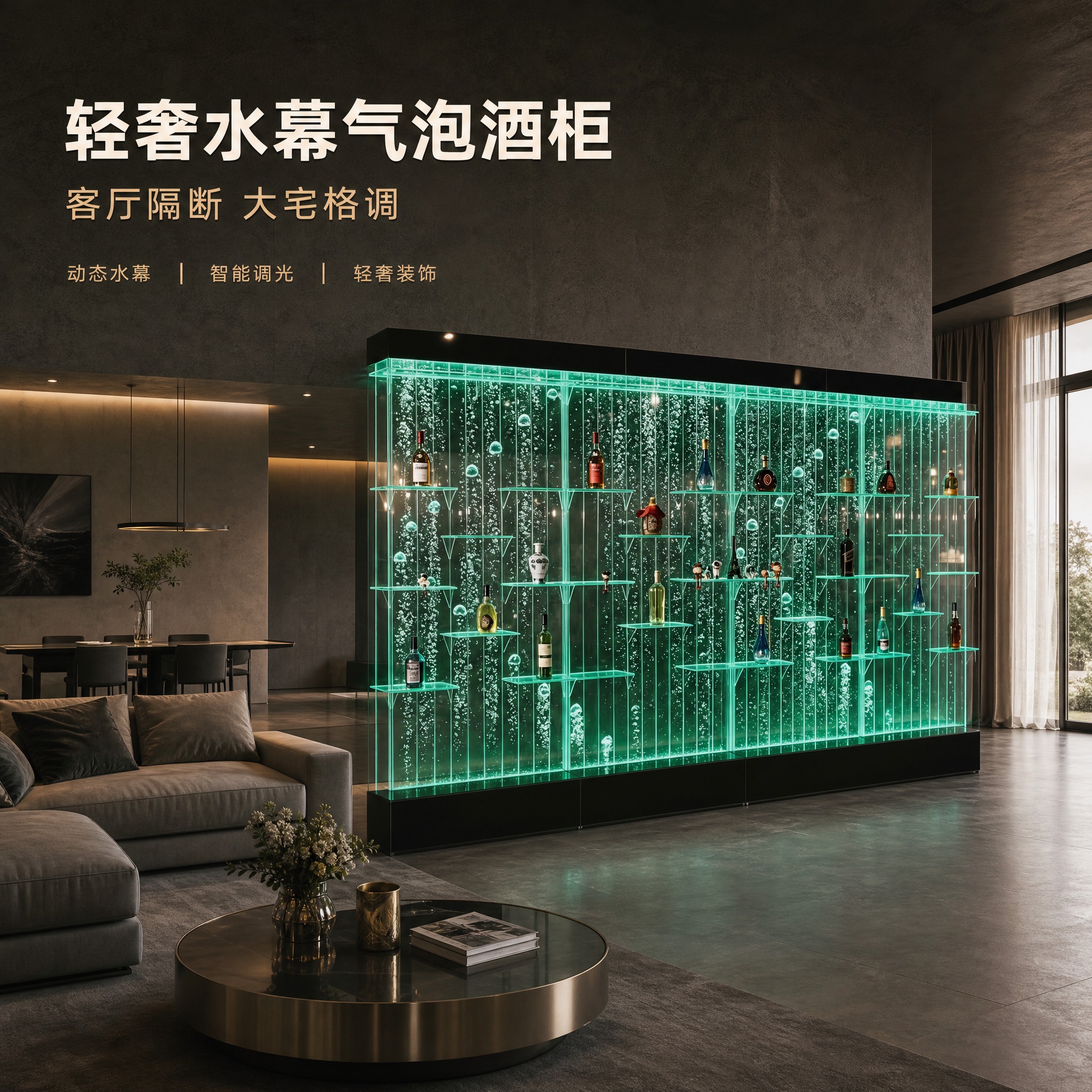 [主图-1] 轻奢意境全景图，展示水幕气泡酒柜在高端大平层客厅… - 图片创意预览
