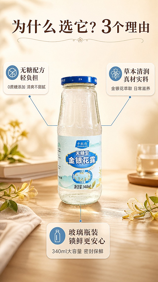 [商品] 使用【图1】千秋雨无糖型金银花露玻璃瓶装；保留透明玻璃瓶身、蓝色瓶盖、蓝白标签、"千秋雨"Logo、"无糖型金银花露"字样、340ml净含量文字；瓶身带细密水珠，产品位于画面中心，标签正面完整清晰。
[画面] 页面目标：3大核心理由卖点拆解，中心引线式排版。竖版构图，产品位于画面正中心，占画面约50%，瓶身直立正面展示。从产品向四周引出3条细线，分别连接3个卖点卡片：左上、右上、下方各一个。背景：暖米色渐变虚化，隐约有桌面纹理和暖光晕染，整体简洁干净。≥3层视觉层次：中心产品、引线+卖点卡片、背景渐变。
[视觉] 套系策略：风格=深夜暖调氛围感商业摄影，柔和日常感；标题字=文艺衬线粗体，带轻微呼吸感；正文字=简洁无衬线体；主色=暖米棕+柔蓝；背景延展=基于暖米棕做深浅层级、同色渐变和细腻纸张/木纹质感；强调色=柔雾蓝，仅用于小面积图标、引线和标签点缀；标题色=深暖棕；正文色=中暖灰；组件=圆角浅底信息卡、细线引线、小图标；光影=正面柔和暖光，产品立体清晰，整体暖调干净，留白充足。
[文字] 顶部横排主标题：「为什么选它？3个理由」（大字号，深暖棕）。3个卖点卡片均为横排文字：左上卡片「无糖配方 轻负担」+小字说明「0蔗糖添加 清爽不甜腻」；右上卡片「草本清润 真材实料」+小字说明「金银花萃取 日常滋养」；下方卡片「玻璃瓶装 锁鲜更安心」+小字说明「340ml大容量 密封保鲜」。所有文字横排，引线从产品延伸至卡片，不遮挡标签。
[规格] 图片比例9:16竖版，4K分辨率，淘宝/天猫适配，避免变形、错字、文字过小、医疗功效、绝对化用语、冷色调主背景。
