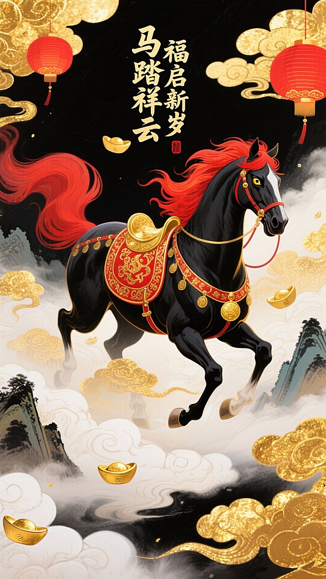 纯扁平风格，插画，
主体是饰有红金彩纹鞍具的金眼墨玉黑马（赤红鬃毛如流火飘动，金眼泛柔光，呈四蹄踏云奔腾姿态，周身萦绕金色光雾，充满神圣感）。背景为新春喜庆风格的金色祥云、水墨远山与漫天金箔，云雾流转带动鬃毛飞扬，整个画面动态感拉满。主标题书法字 “马踏祥云 福启新岁”，点缀红灯笼与元宝元素，色调以墨黑、赤红、金为主，年味浓郁。