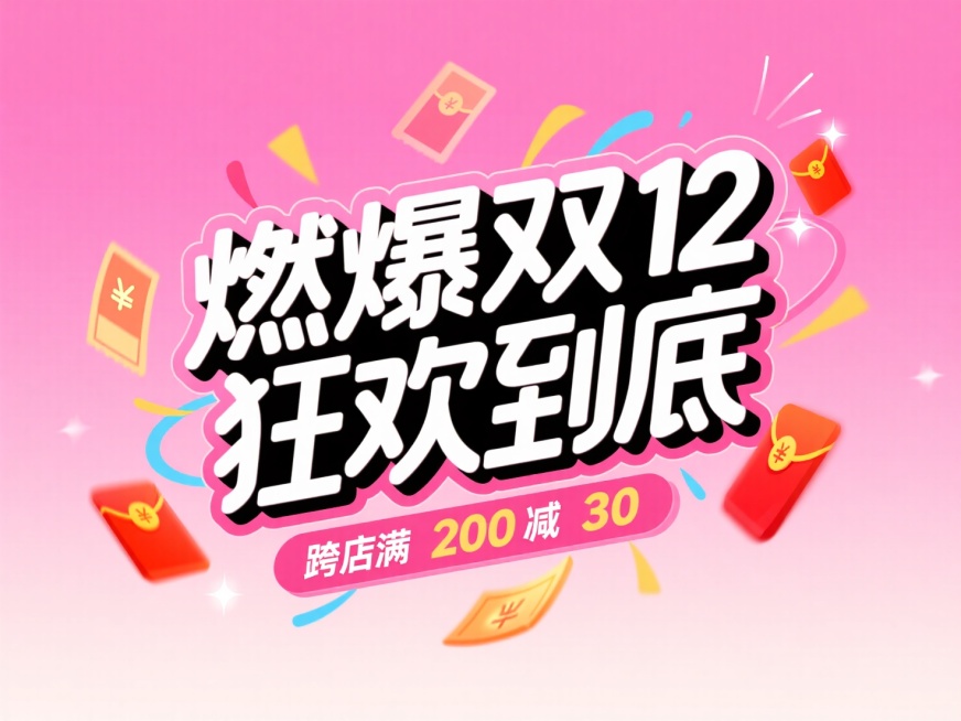 主标题“燃爆双 12狂欢到底” ，搭配 “跨店满 200 减 30” 紫色副标题框，点缀优惠券、红包等促销小元素，背景为粉色渐变，促销氛围预览效果